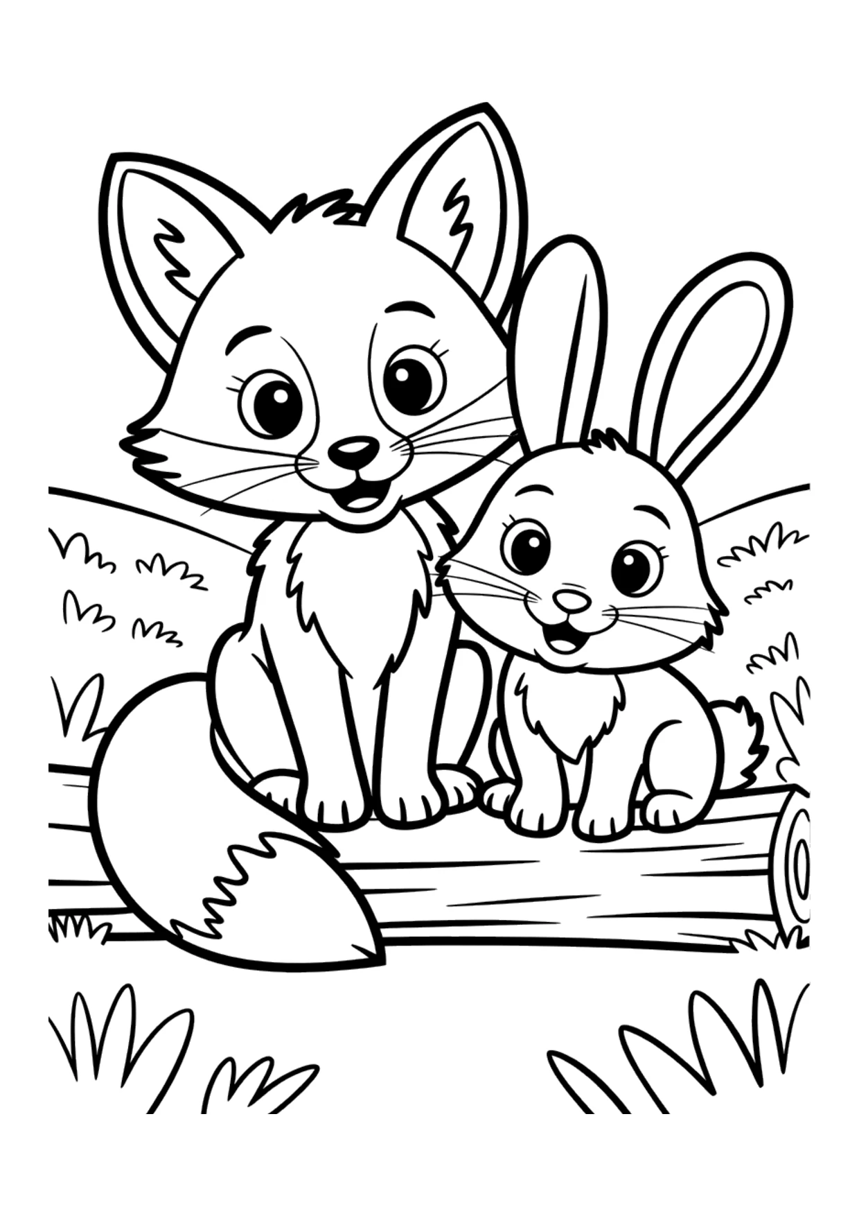 Desenho de uma raposa e um coelho amigos para crianças colorirem