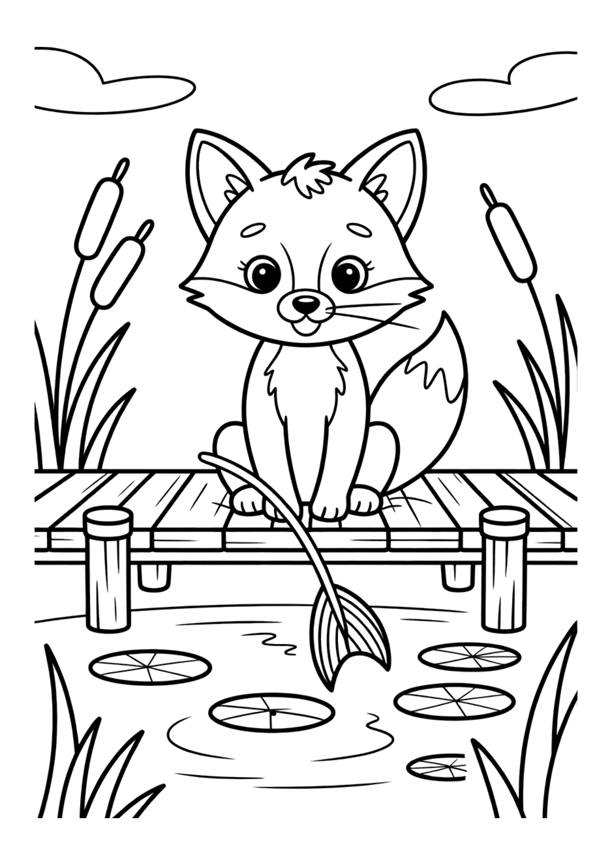 Desenho de uma raposa pescando em um lago para crianças colorirem