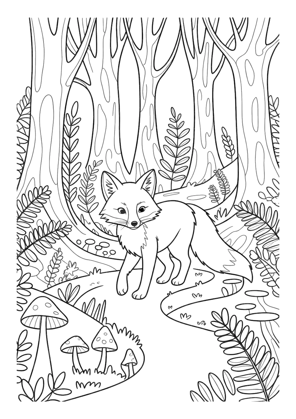Desenho detalhado de uma raposa em uma floresta encantada para colorir