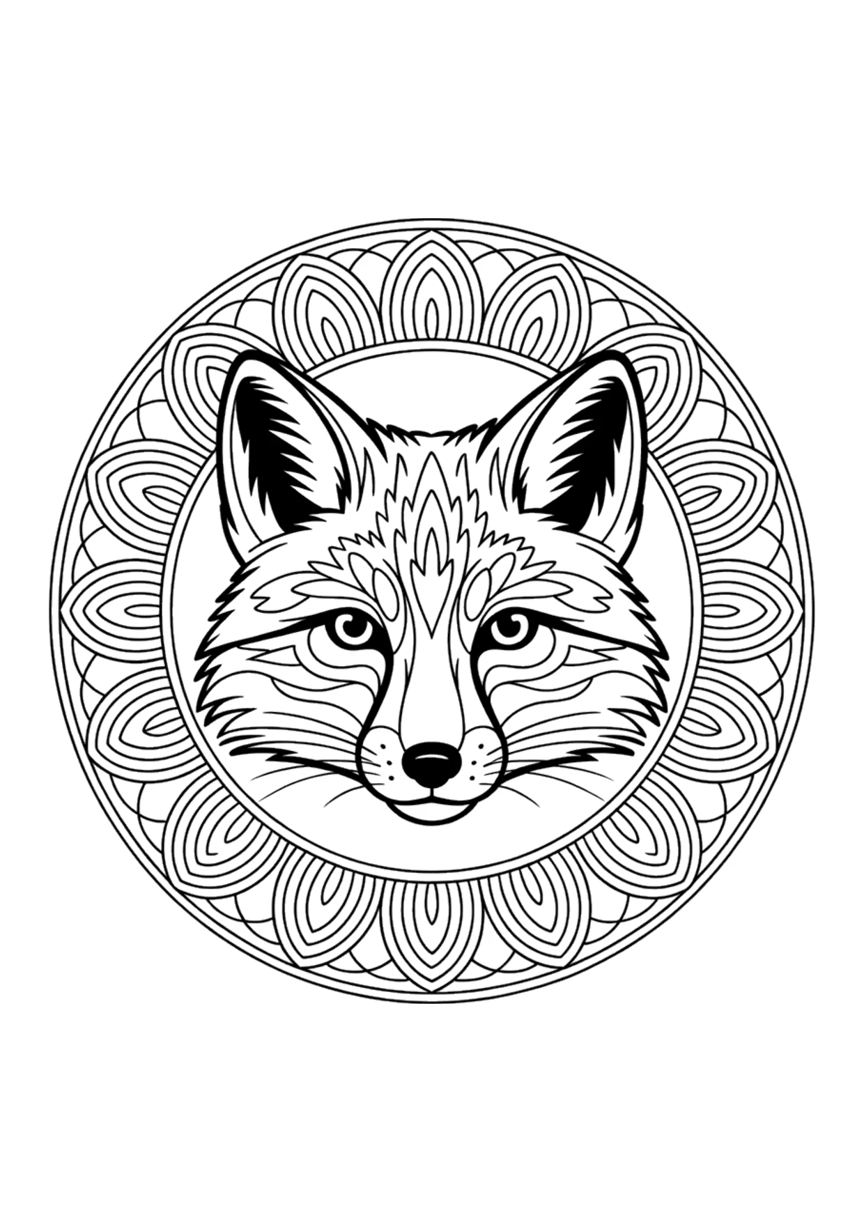 Desenho detalhado de mandala com uma raposa para colorir