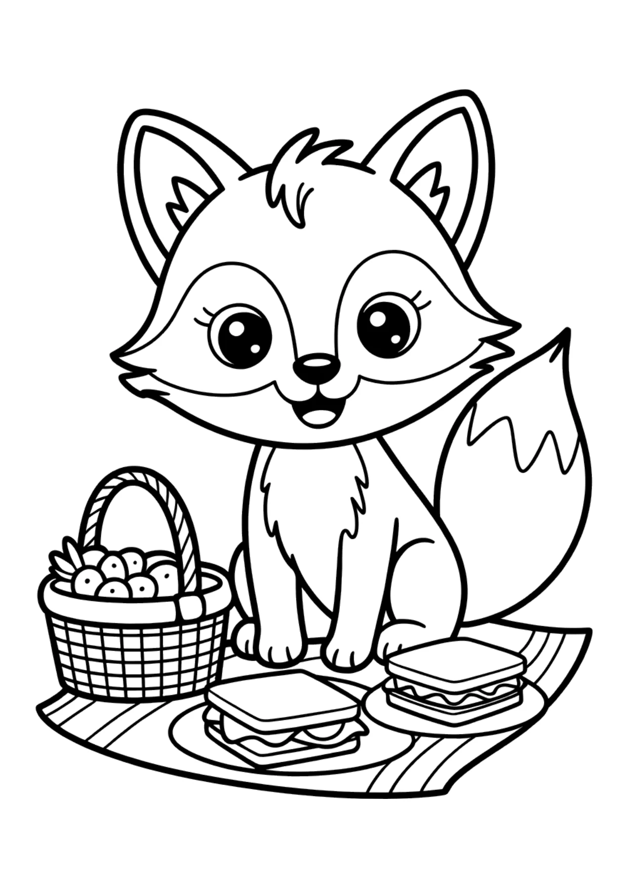 Desenho de uma raposa fazendo um piquenique para crianças colorirem