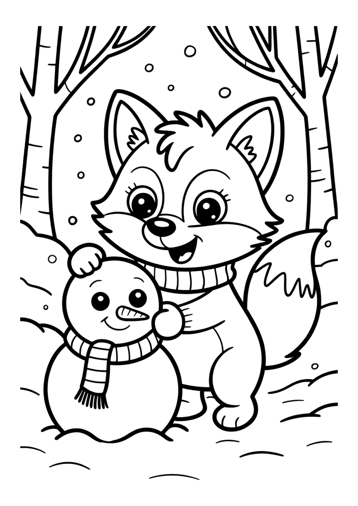 Desenho de uma raposa brincando na neve para crianças colorirem