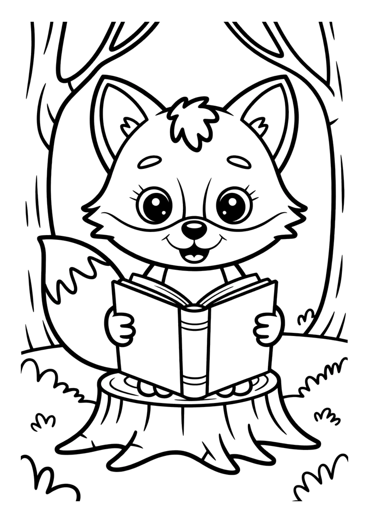 Desenho de uma raposa lendo um livro para crianças colorirem