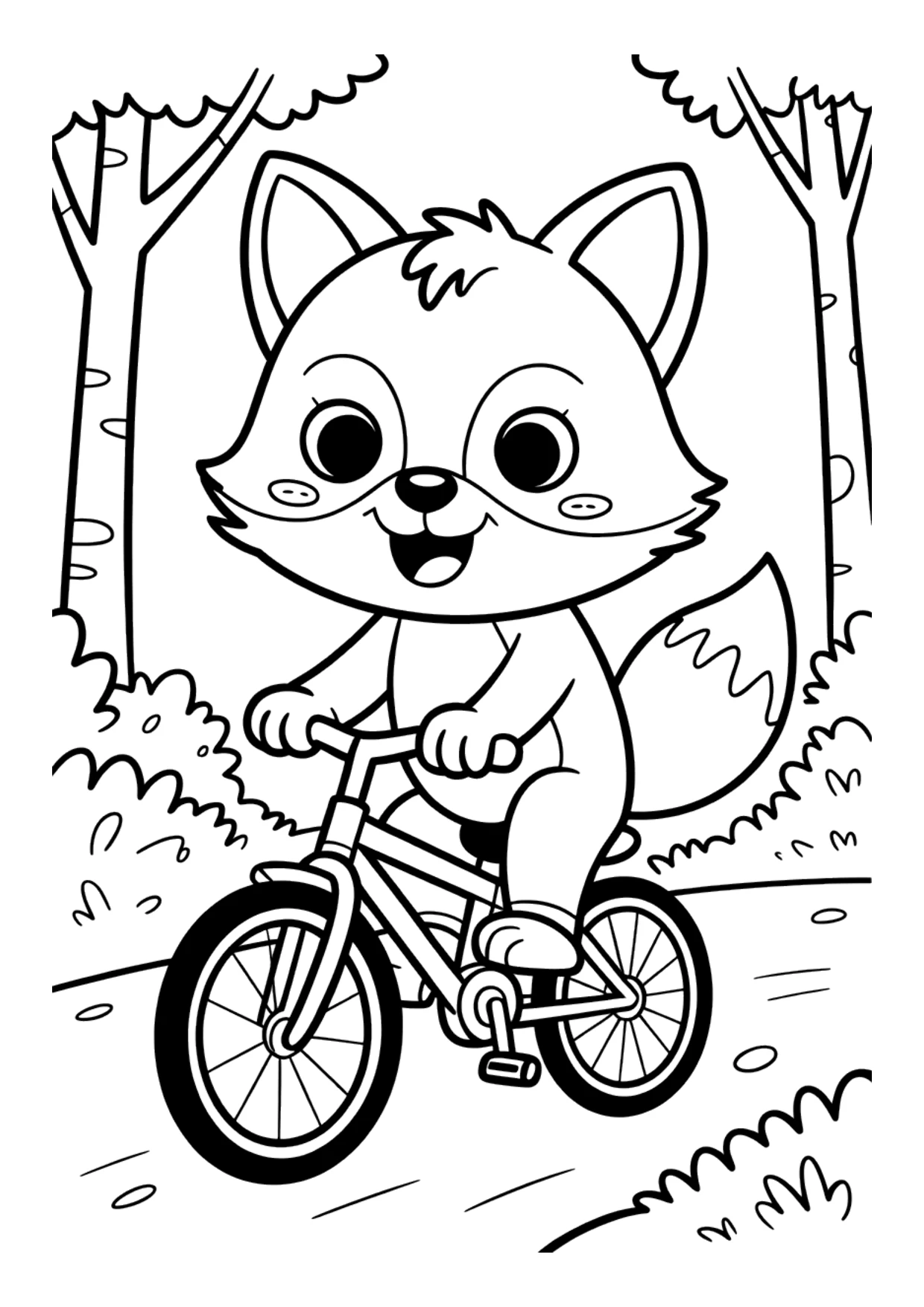 Desenho de uma raposa andando de bicicleta para crianças colorirem