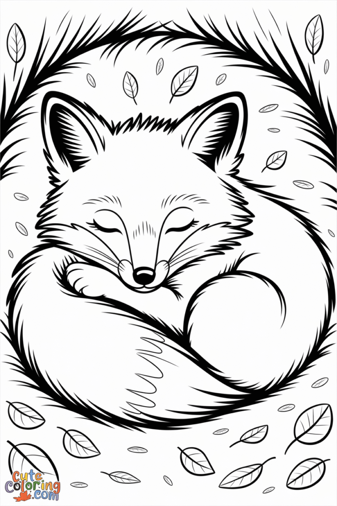 Fox Sleeping Curled in Autumn Scene