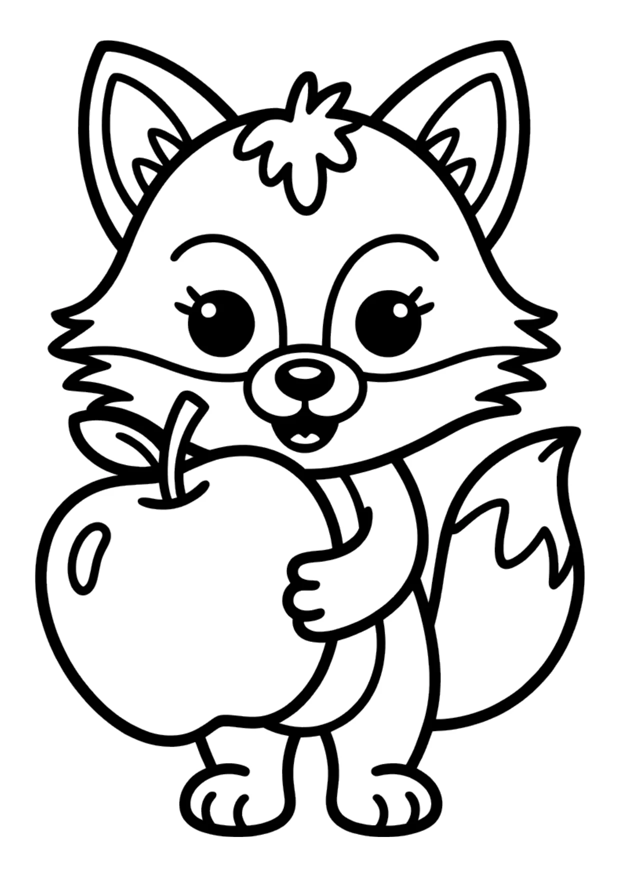 Desenho fácil de uma raposa segurando uma maçã para colorir