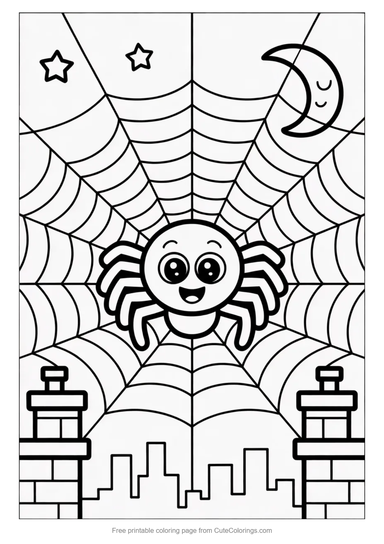 Dibujo para colorear de una araña amigable en una gran telaraña entre chimeneas