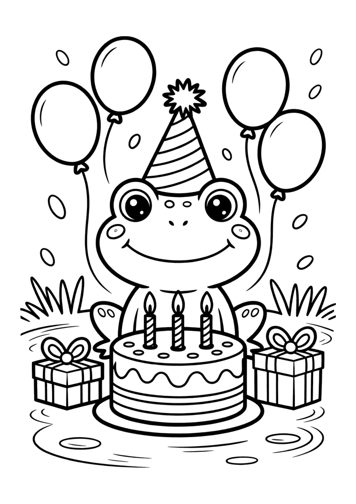 Coloriage pour enfants d&rsquo;un anniversaire de grenouille