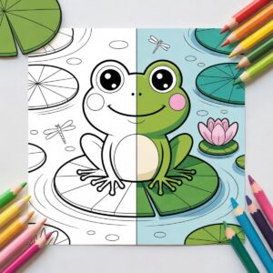 Frog coloring pages: a cute frog on a lily pad shown half as coloring page line art and half in soft colors with crayons