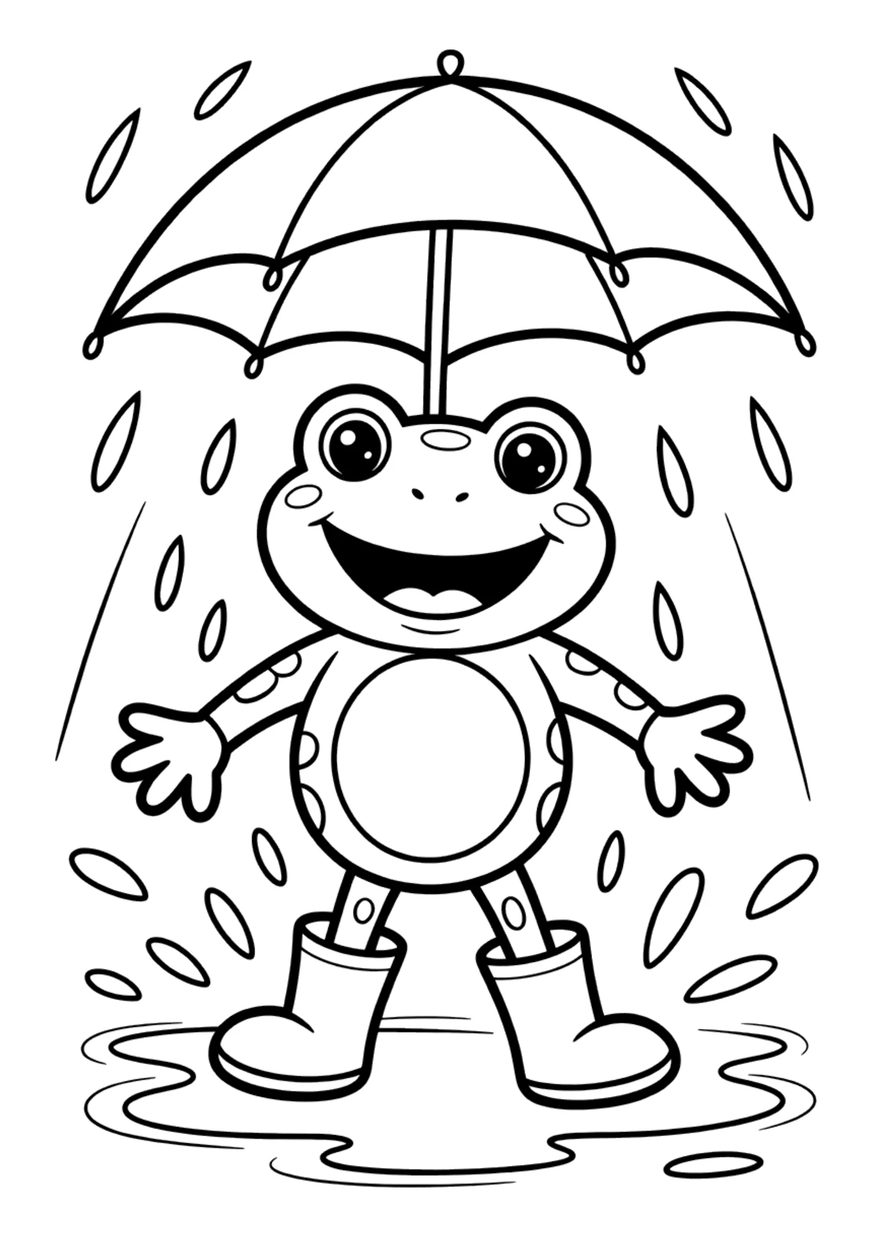 Coloriage pour enfants d&rsquo;une grenouille sous la pluie