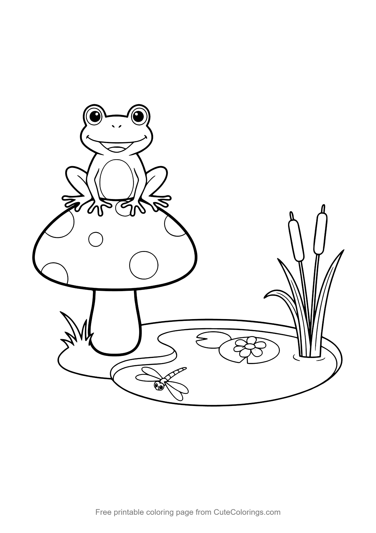 Coloring page for kids of a frog sitting on a mushroom beside a pond