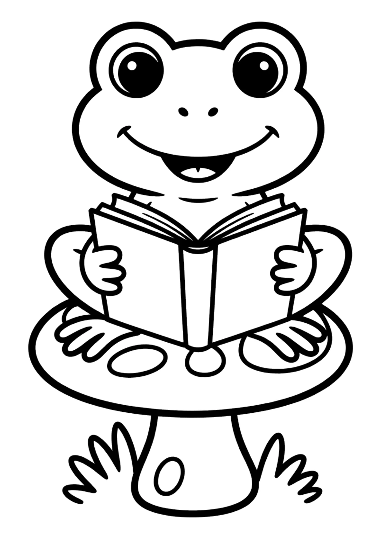 Coloriage pour enfants d&rsquo;une grenouille lisant un livre