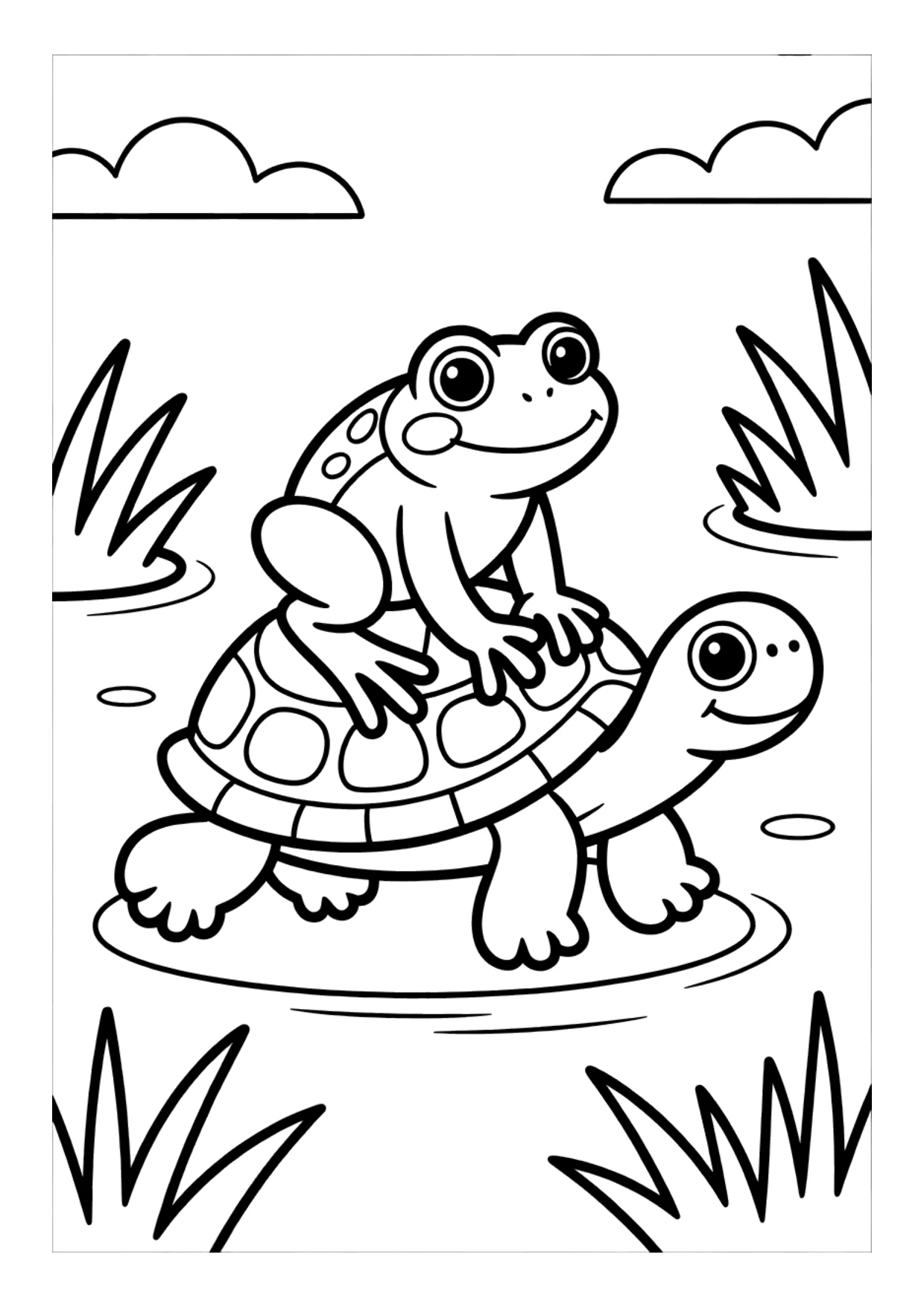Coloriage pour enfants d&rsquo;une grenouille sur une tortue