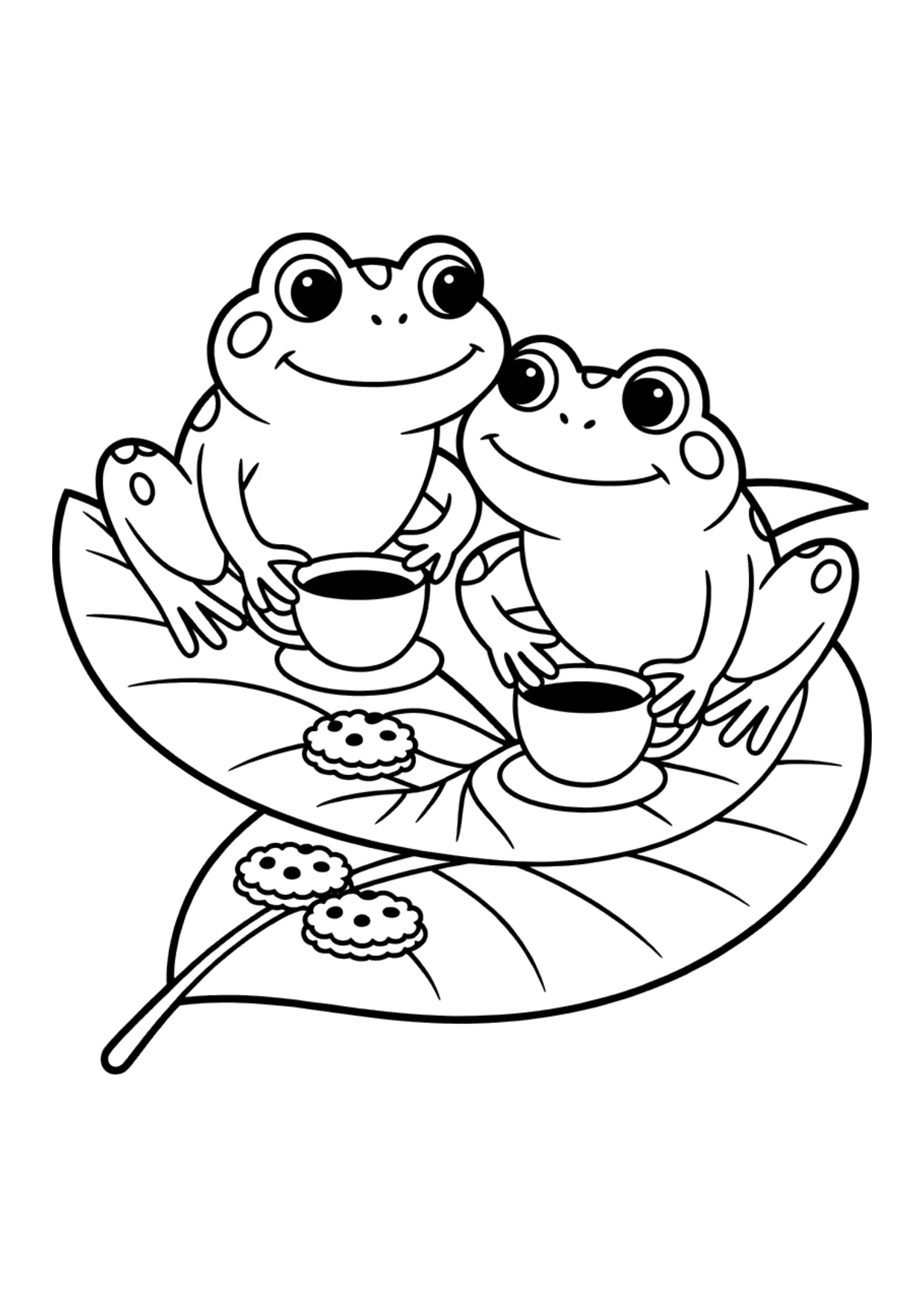 Coloriage pour enfants de grenouilles prenant le thé