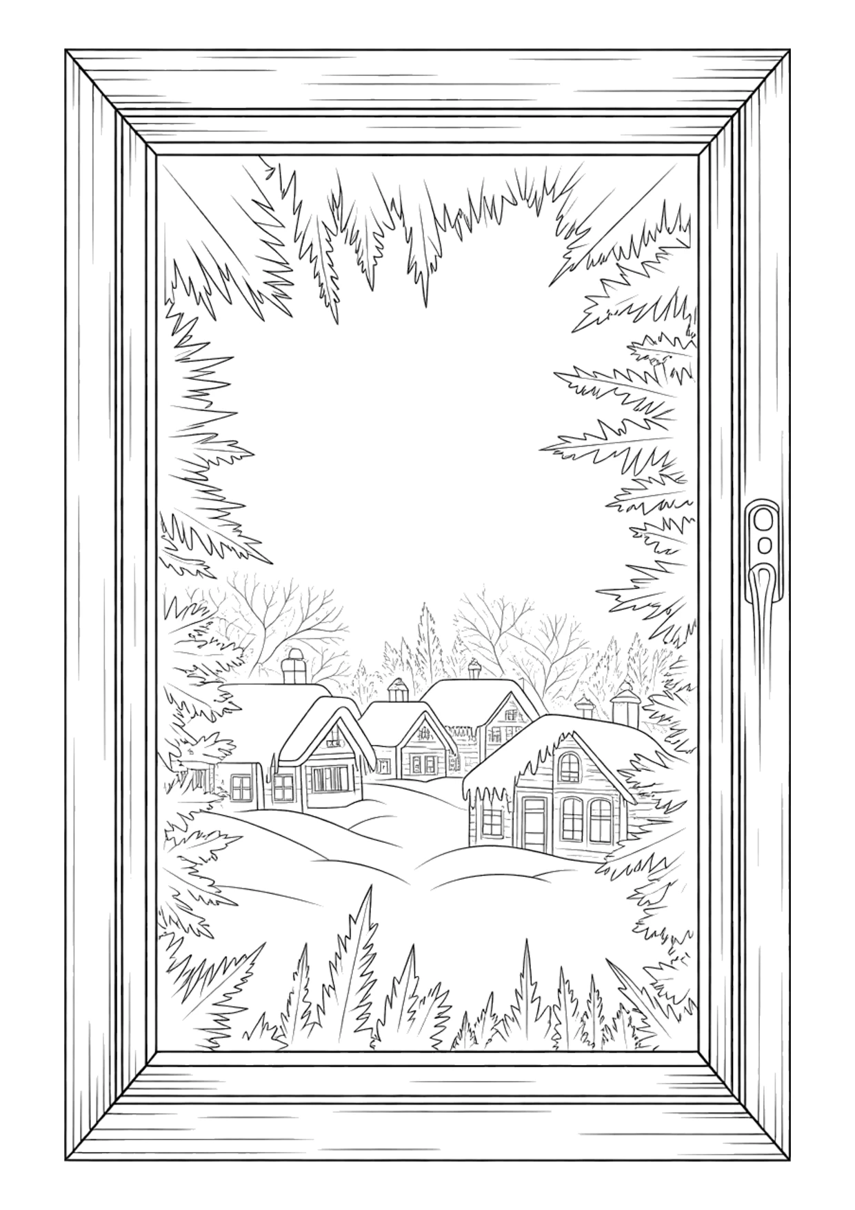 Detailed coloring page of a frosty window