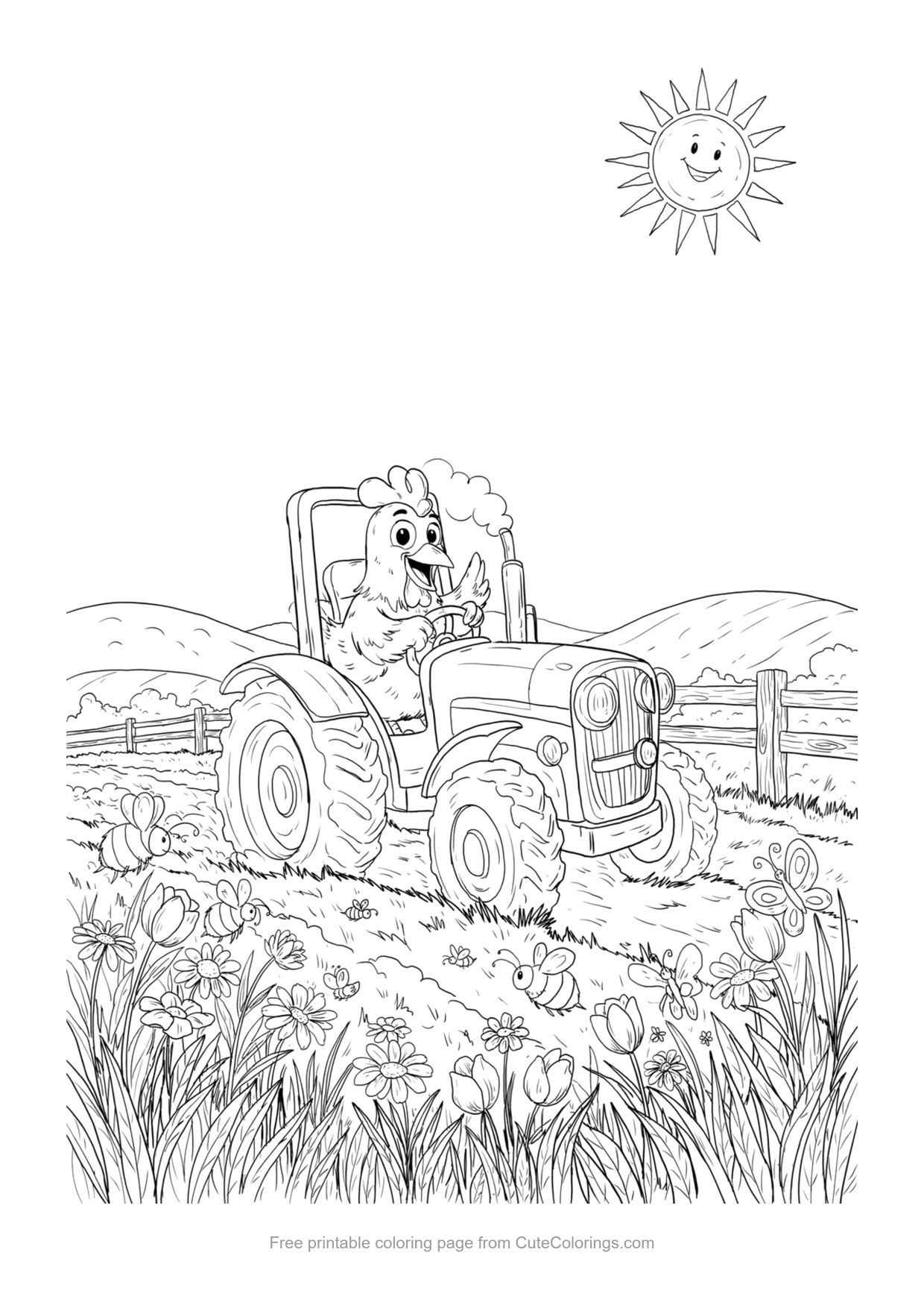 Funny coloring page of a cartoon chicken driving a farm tractor through a field