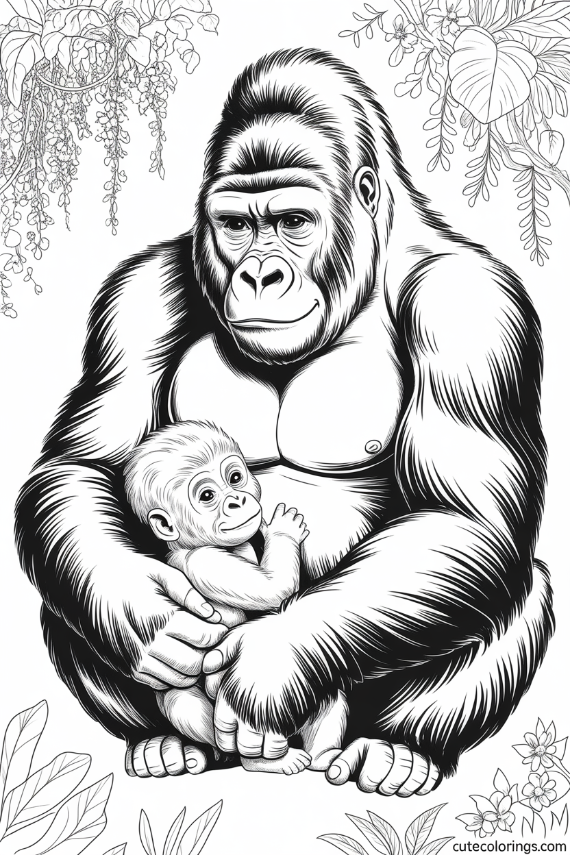 A strong gorilla tenderly holds a curious baby close