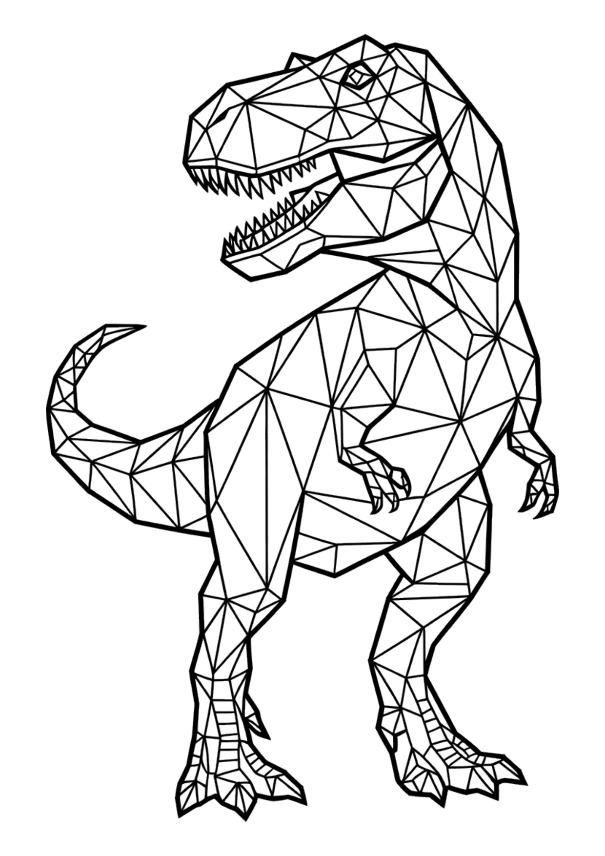 Geometrisches Low-Poly-Ausmalbild von einem T-Rex aus Dreiecken und Vielecken