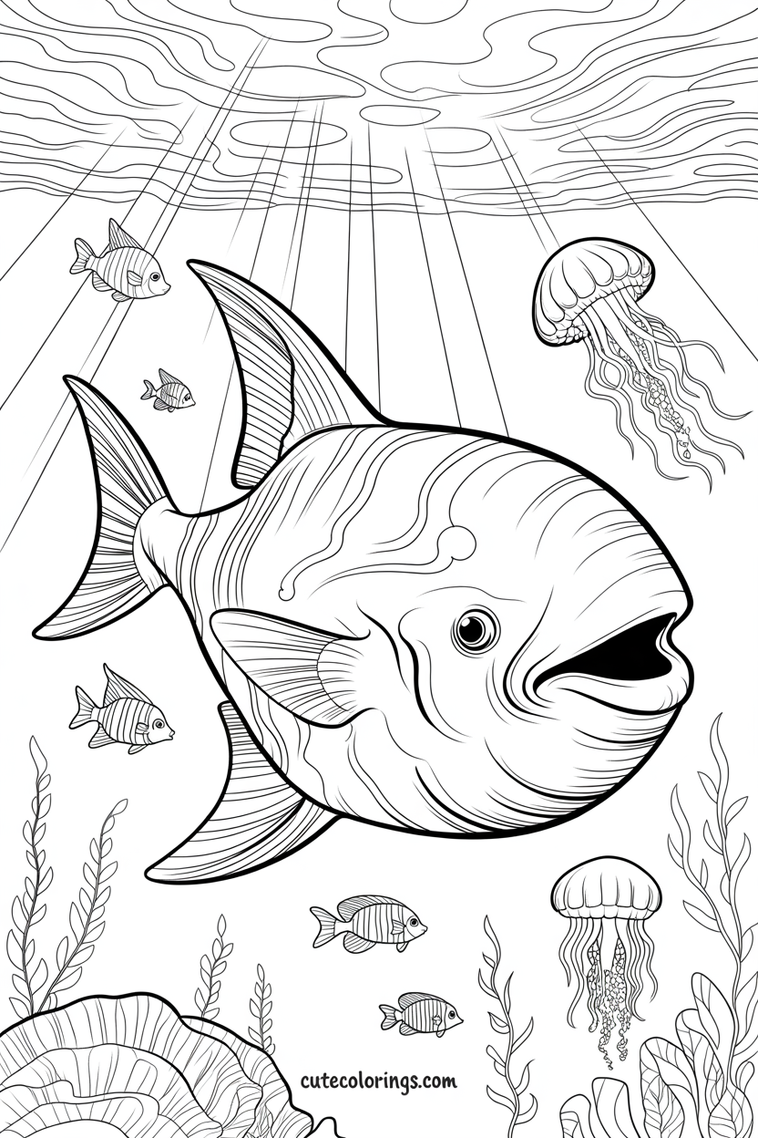 Large mola mola with sunlight rays and jellyfish scene
