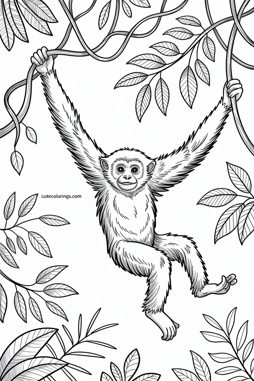 A fluffy gibbon stretches between two leafy vines