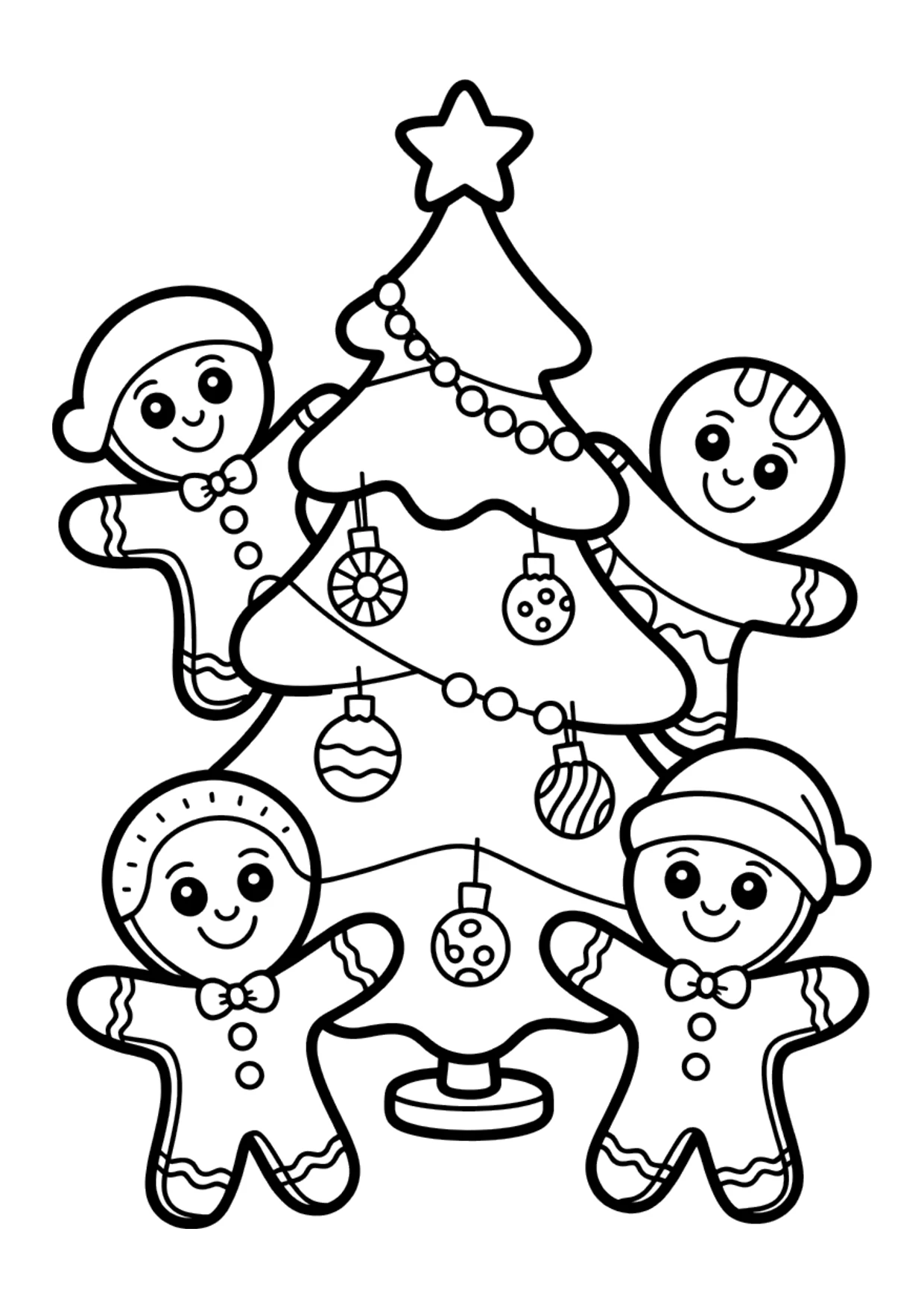 Dibujo para niños de amigos de jengibre decorando un árbol para colorear