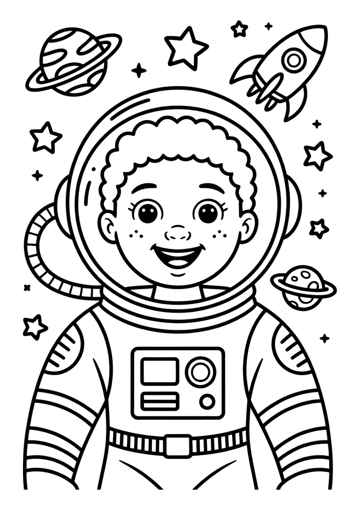 Coloring page for kids of a Black girl astronaut