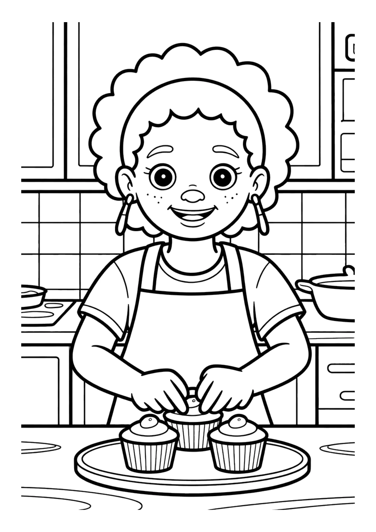 Coloring page for kids of a Black girl baking cupcakes