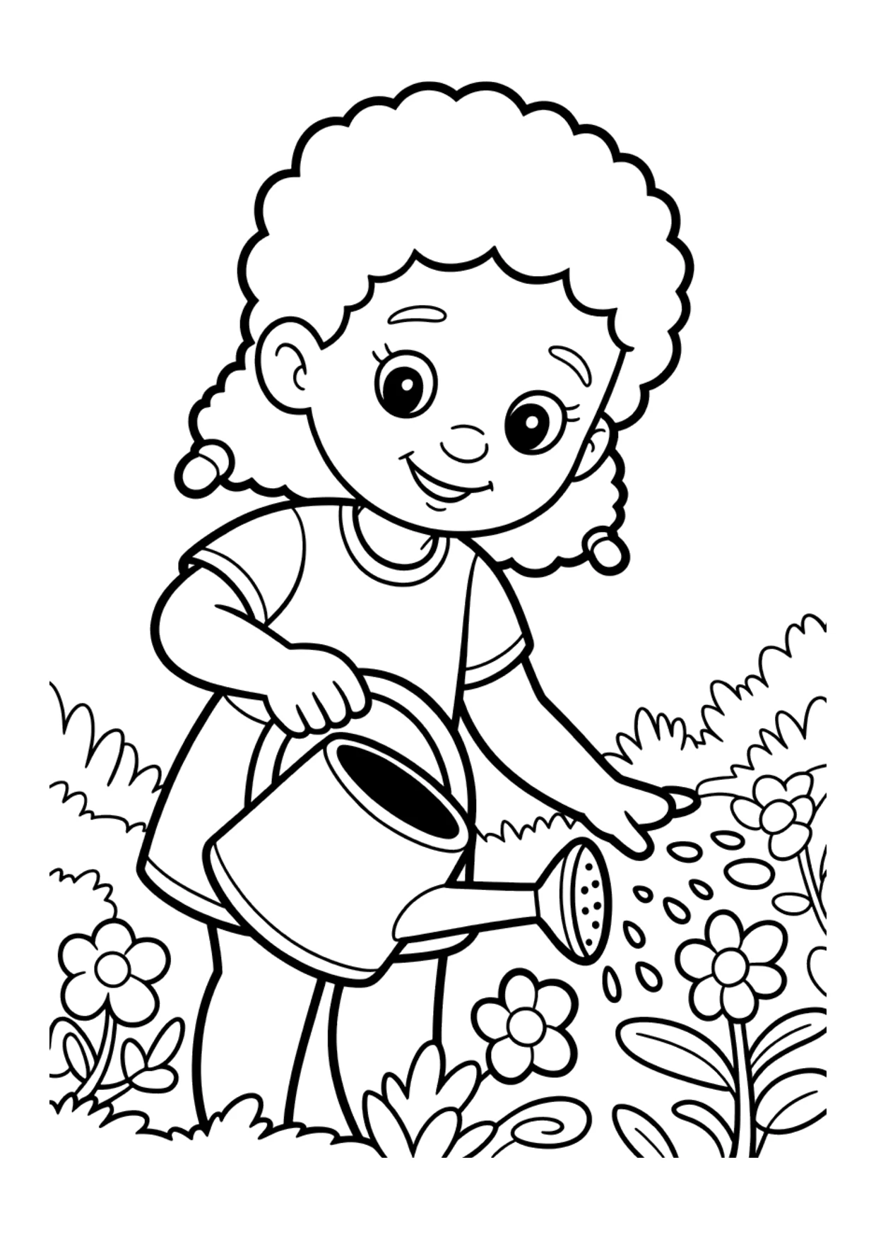 Coloring page for kids of a Black girl gardening