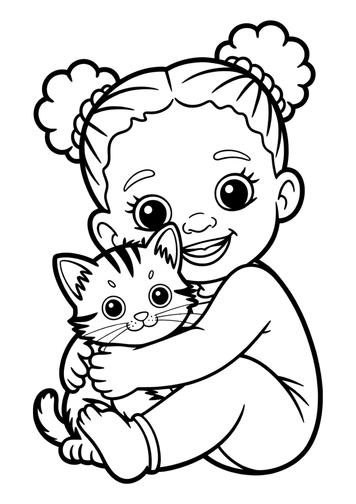 Easy coloring page of a Black girl hugging a kitten