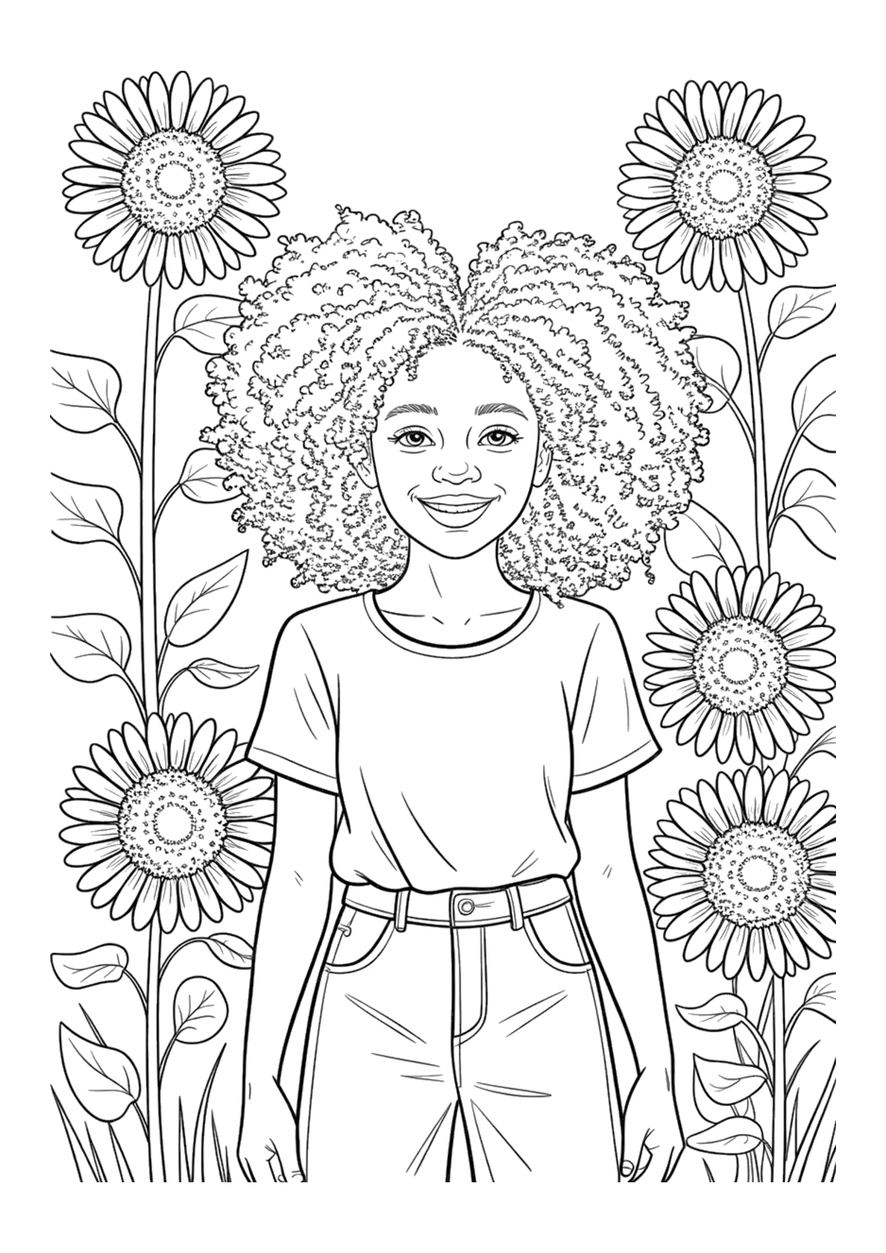 Detailed coloring page of a Black girl in a sunflower field
