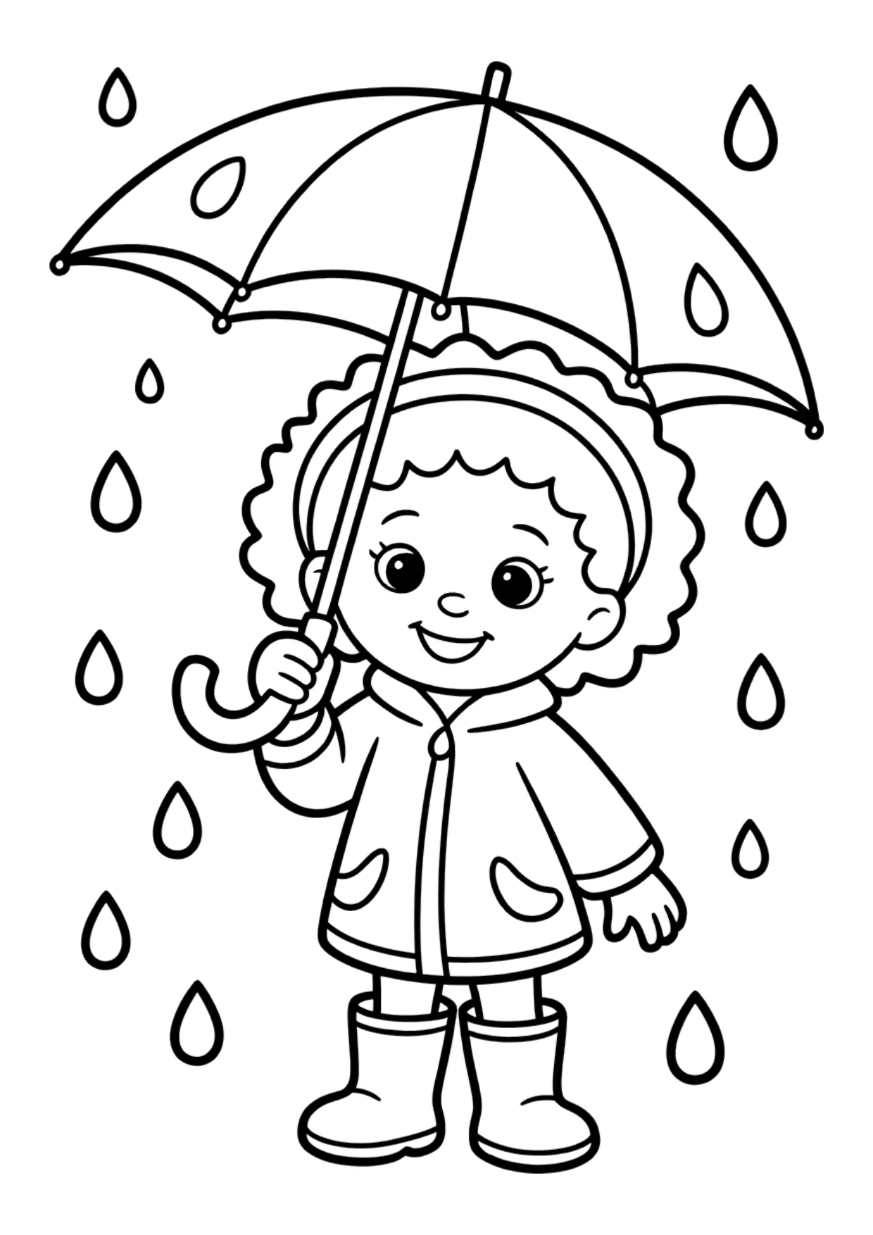 Easy coloring page of a Black girl with an umbrella
