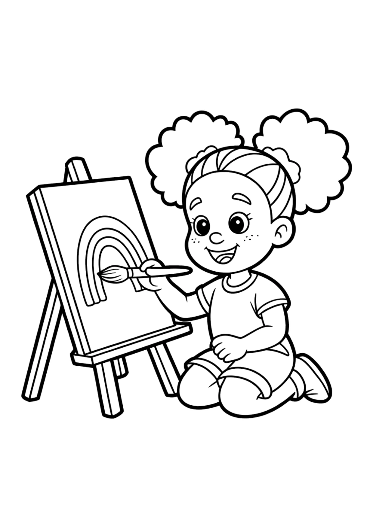 Coloring page for kids of a Black girl painting on an easel