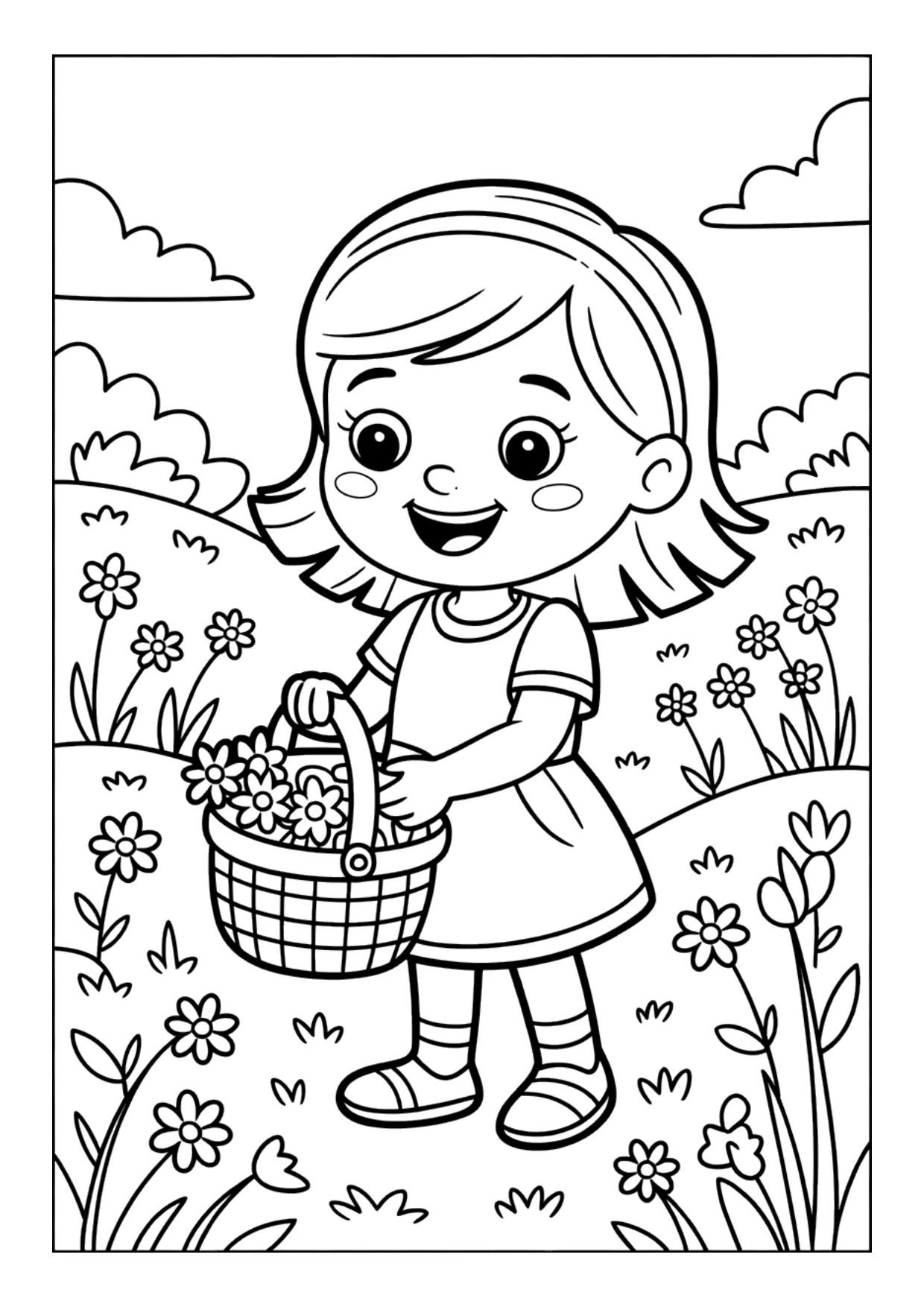 Coloriage pour enfants d&rsquo;une fille qui cueille des fleurs dans une prairie