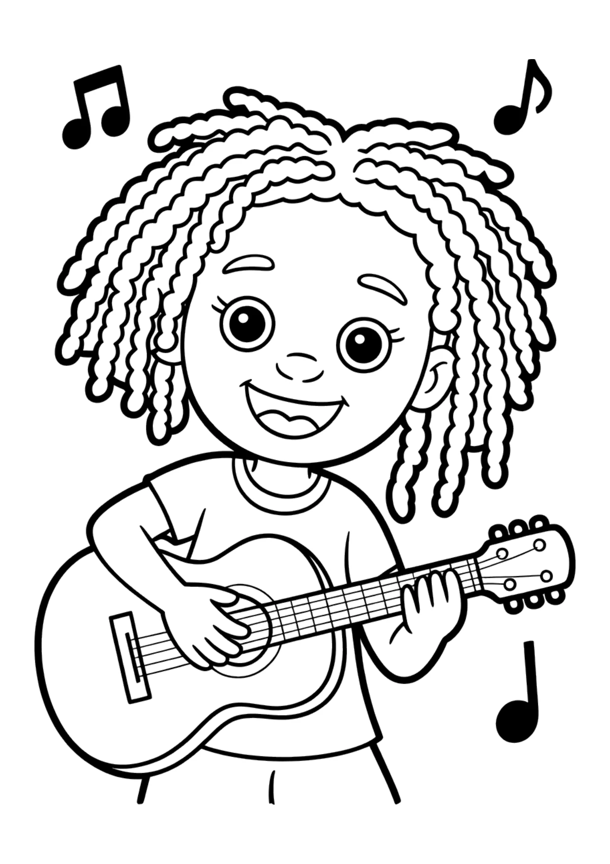 Coloring page for kids of a Black girl playing guitar