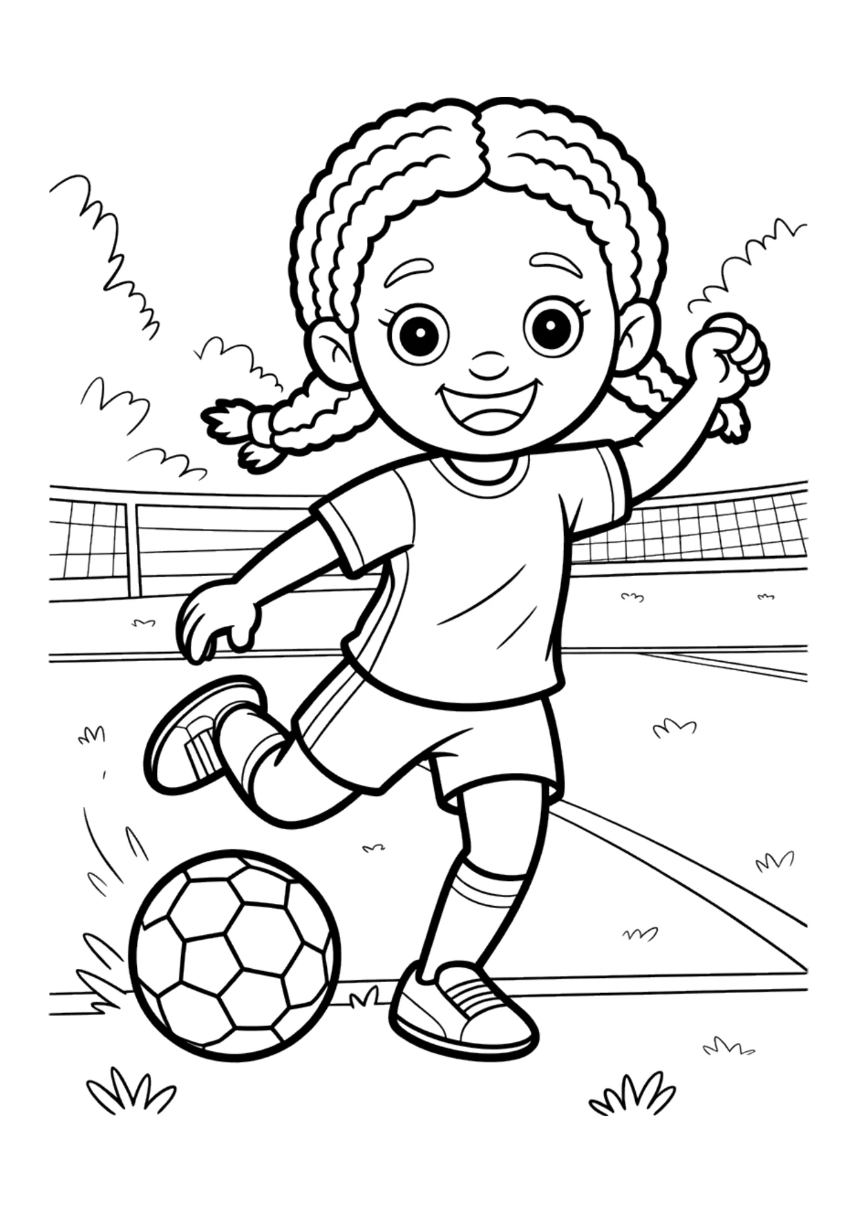 Coloring page for kids of a Black girl playing soccer