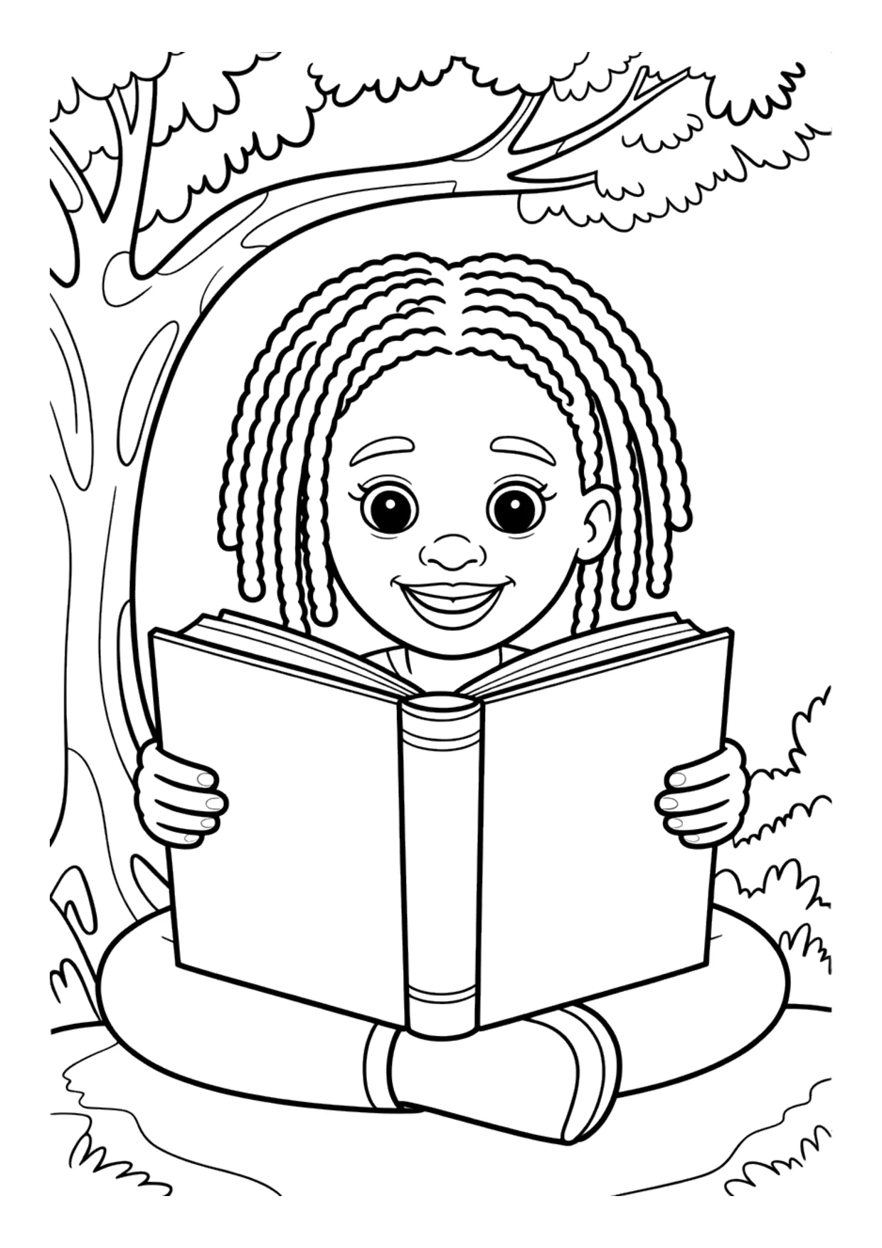 Coloring page for kids of a Black girl reading under a tree