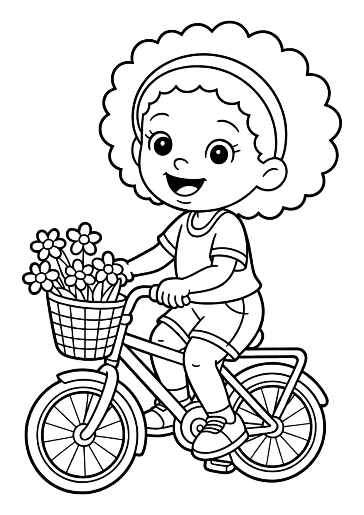 Coloring page for kids of a Black girl riding a bicycle