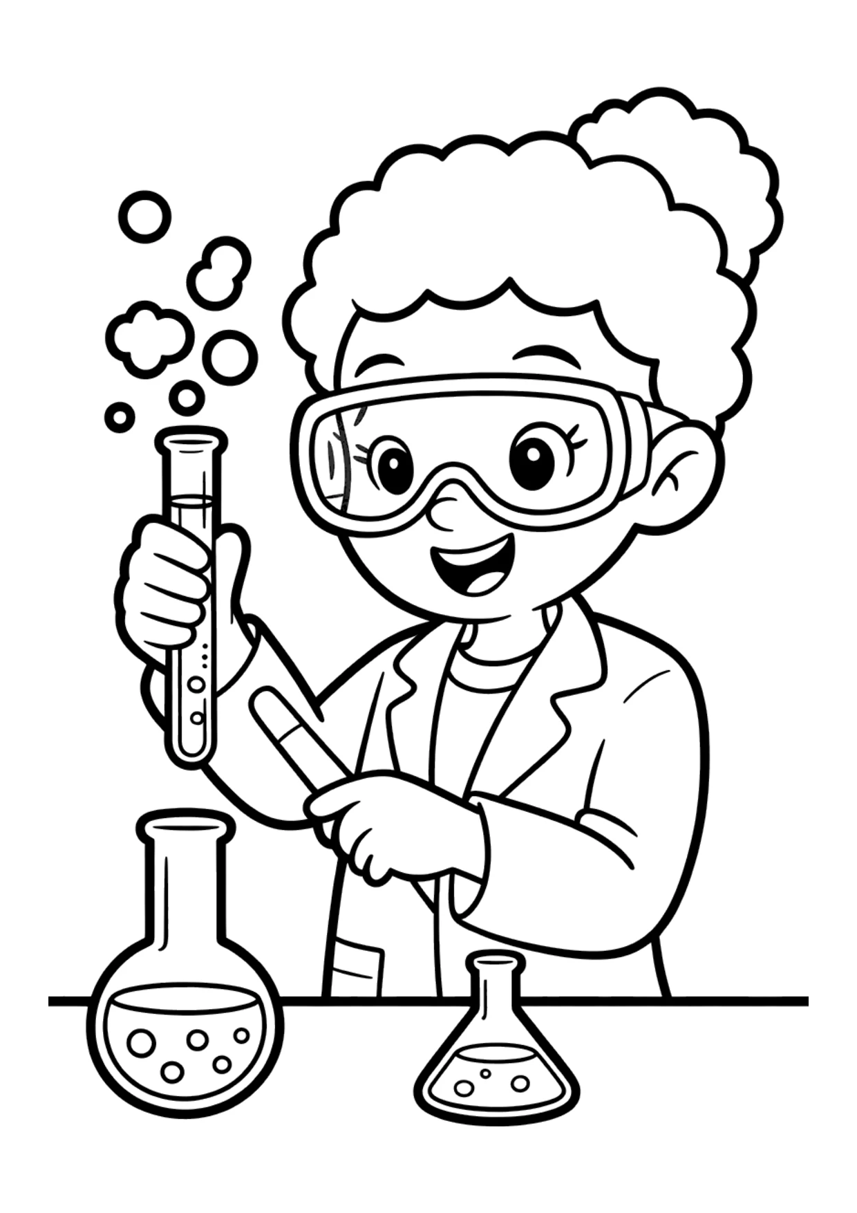 Coloring page for kids of a Black girl scientist