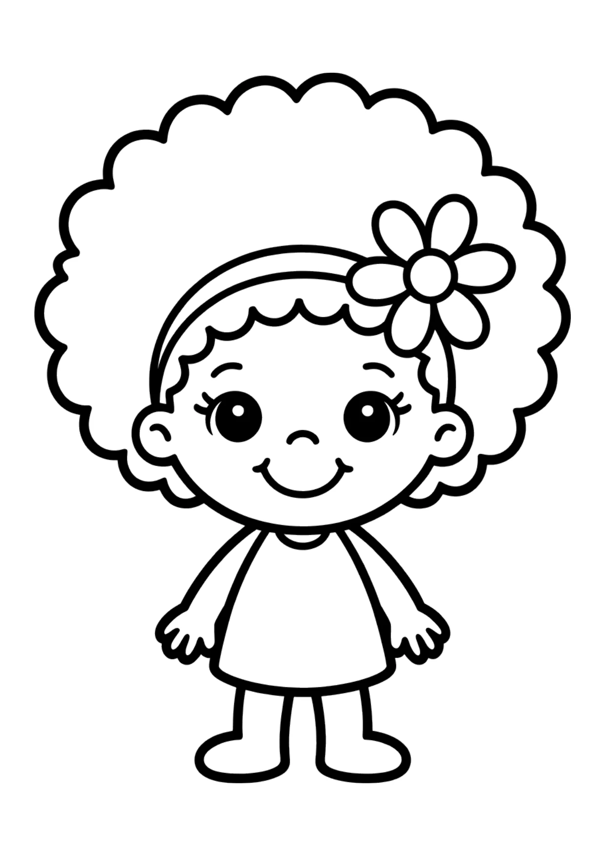 Easy coloring page of a Black girl with a big afro and a flower