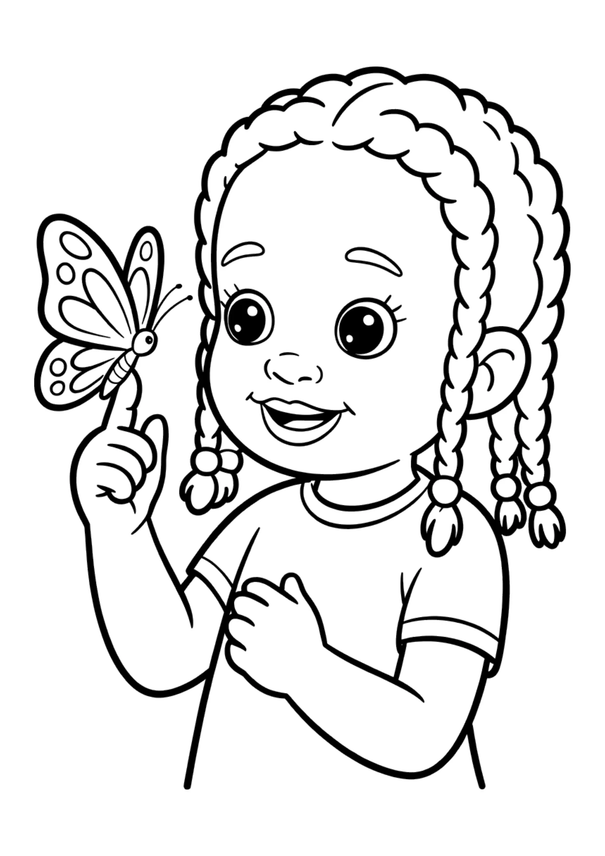 Easy coloring page of a Black girl with a butterfly