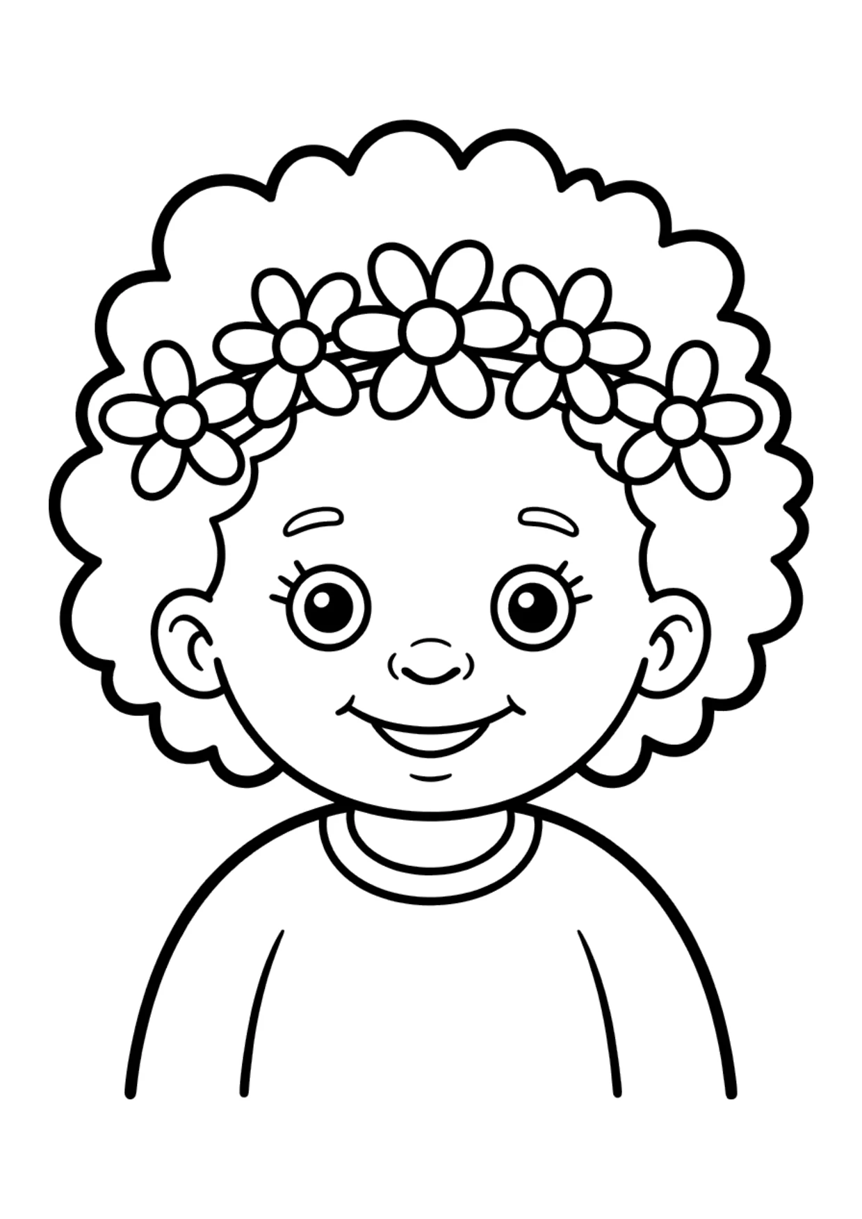Easy coloring page of a Black girl wearing a flower crown