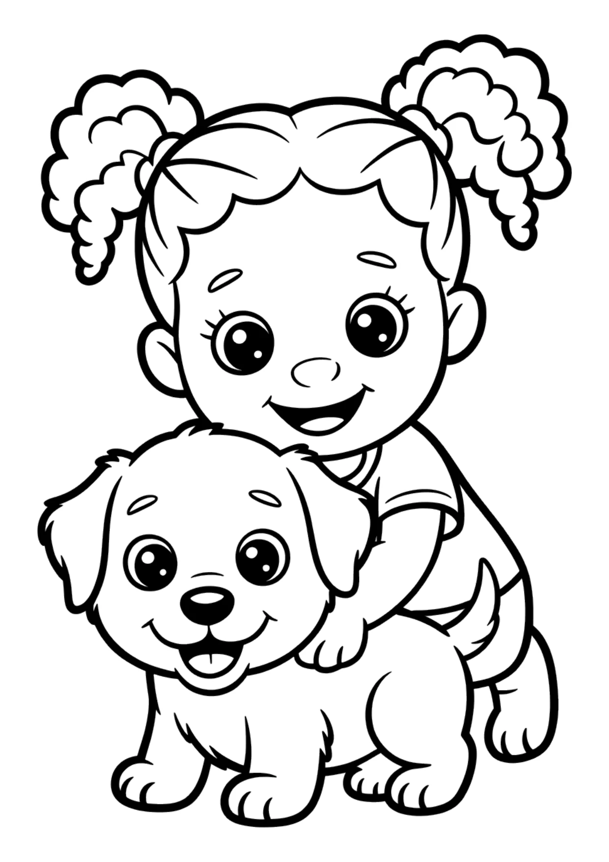 Easy coloring page of a Black girl playing with a puppy