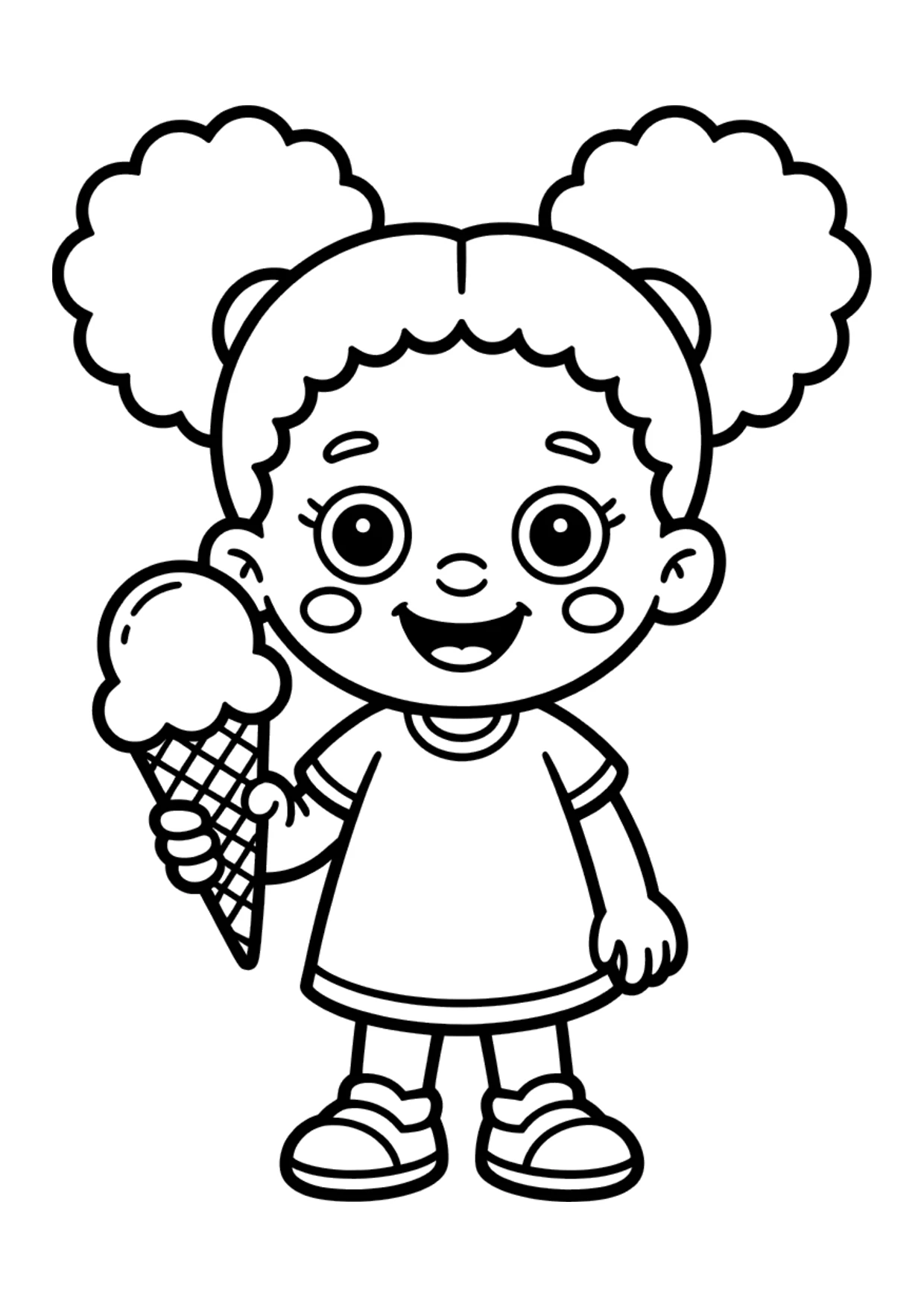 Easy coloring page of a Black girl with an ice cream cone