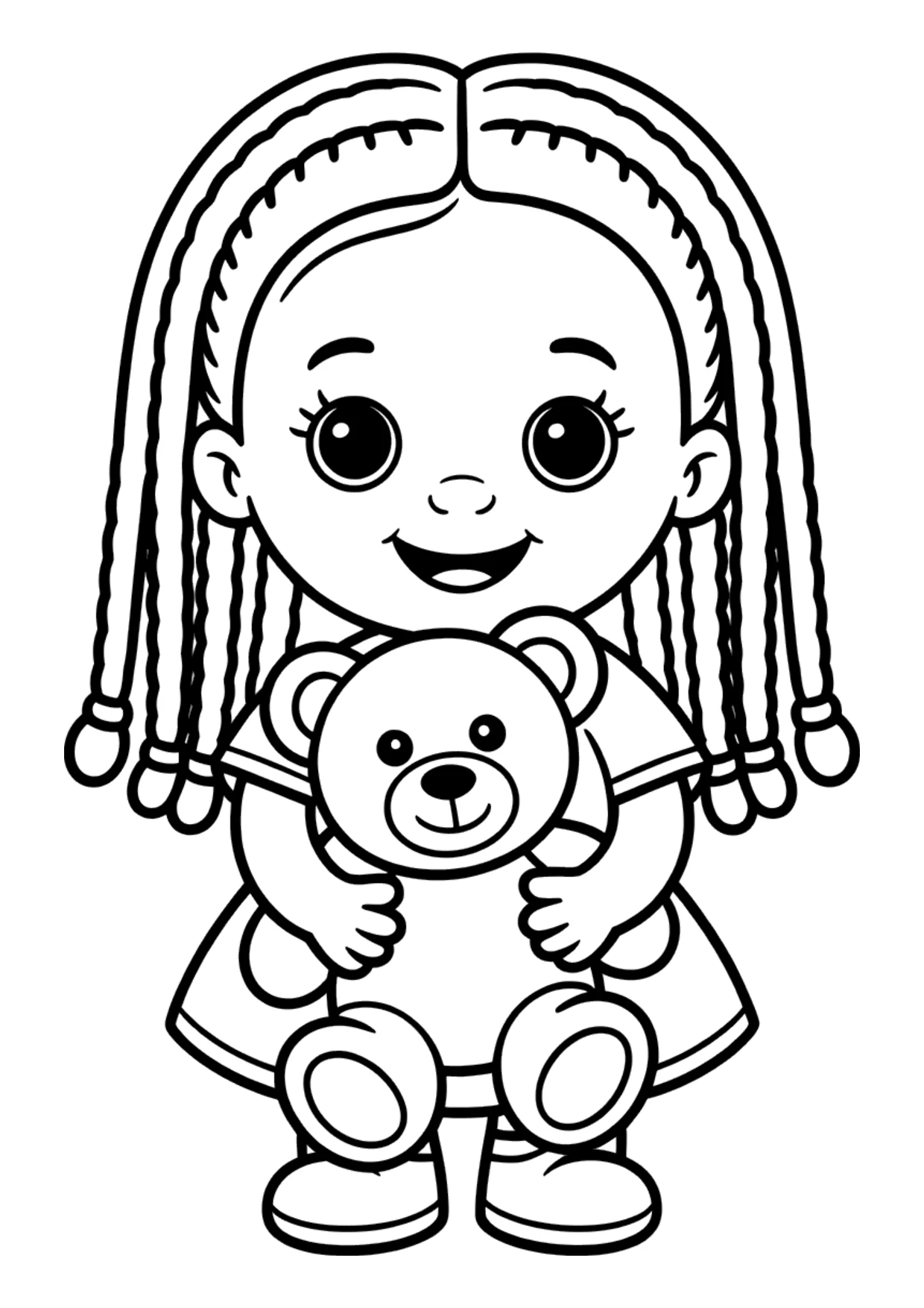 Easy coloring page of a Black girl with braids and a teddy bear