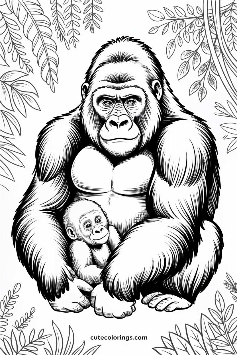 A watchful gorilla protects its wide-eyed baby gorilla