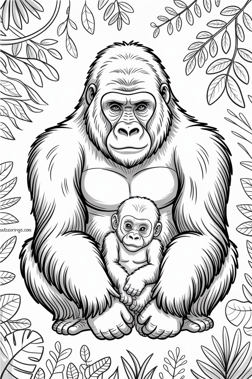 A powerful gorilla cradles its small baby in its lap