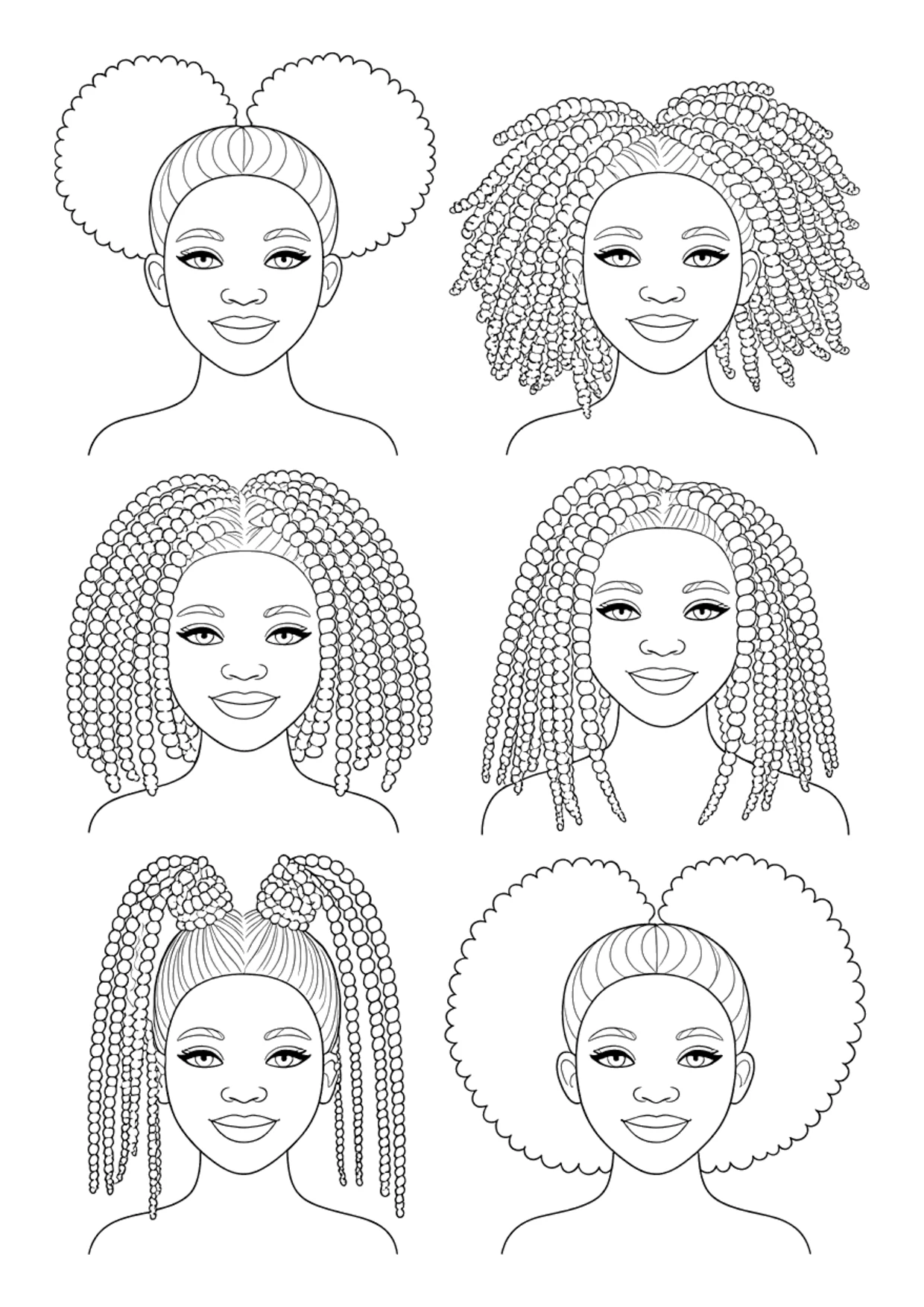 Detailed coloring page of six natural hairstyles