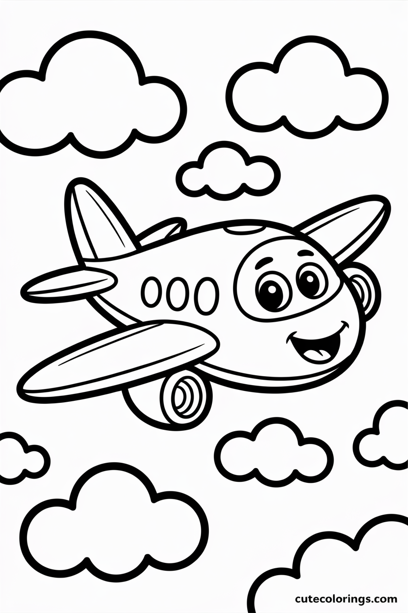 Cute Plane in Sky Coloring Book Page