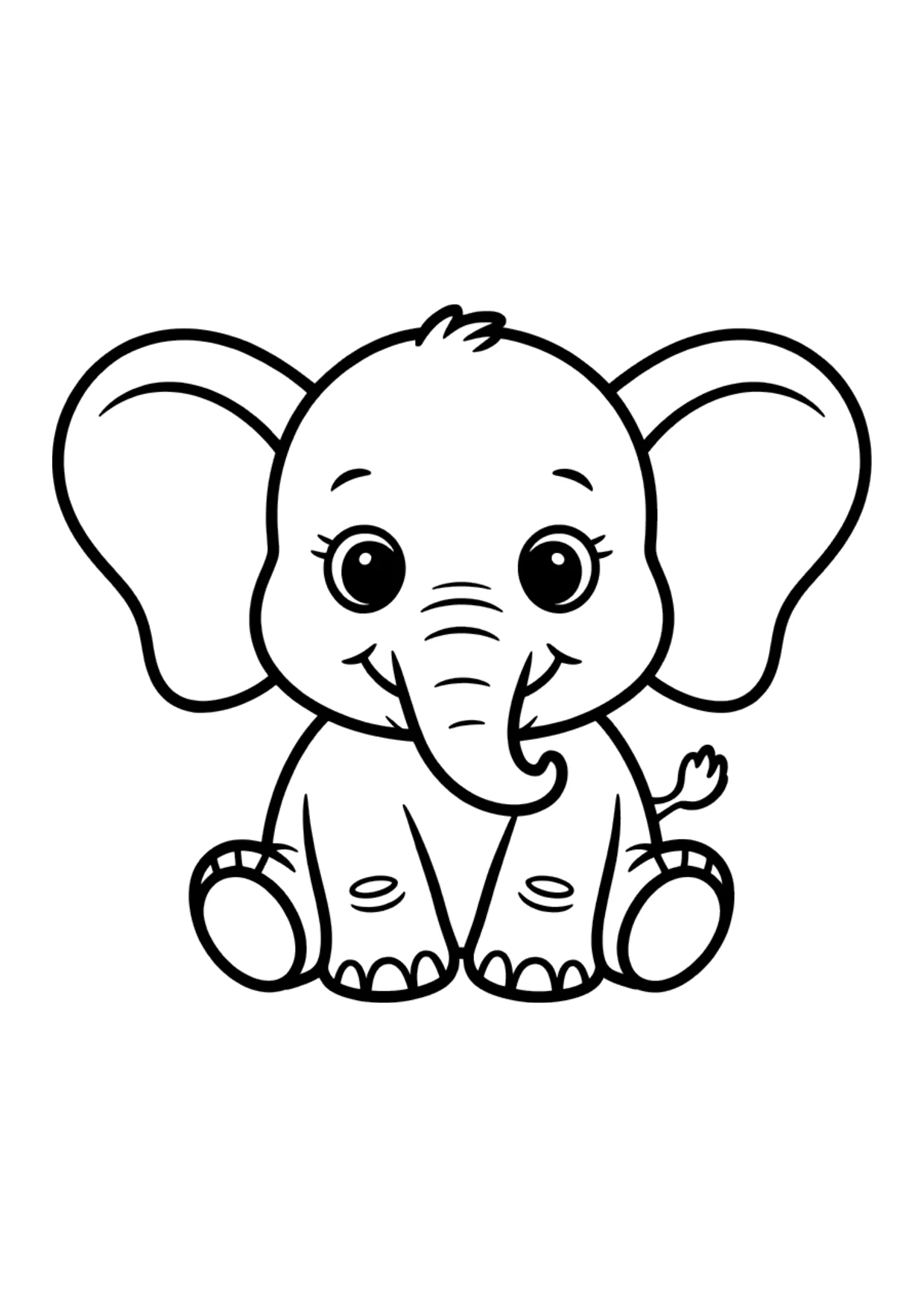 Dibujo fácil para colorear de un lindo elefantito sentado con orejas grandes