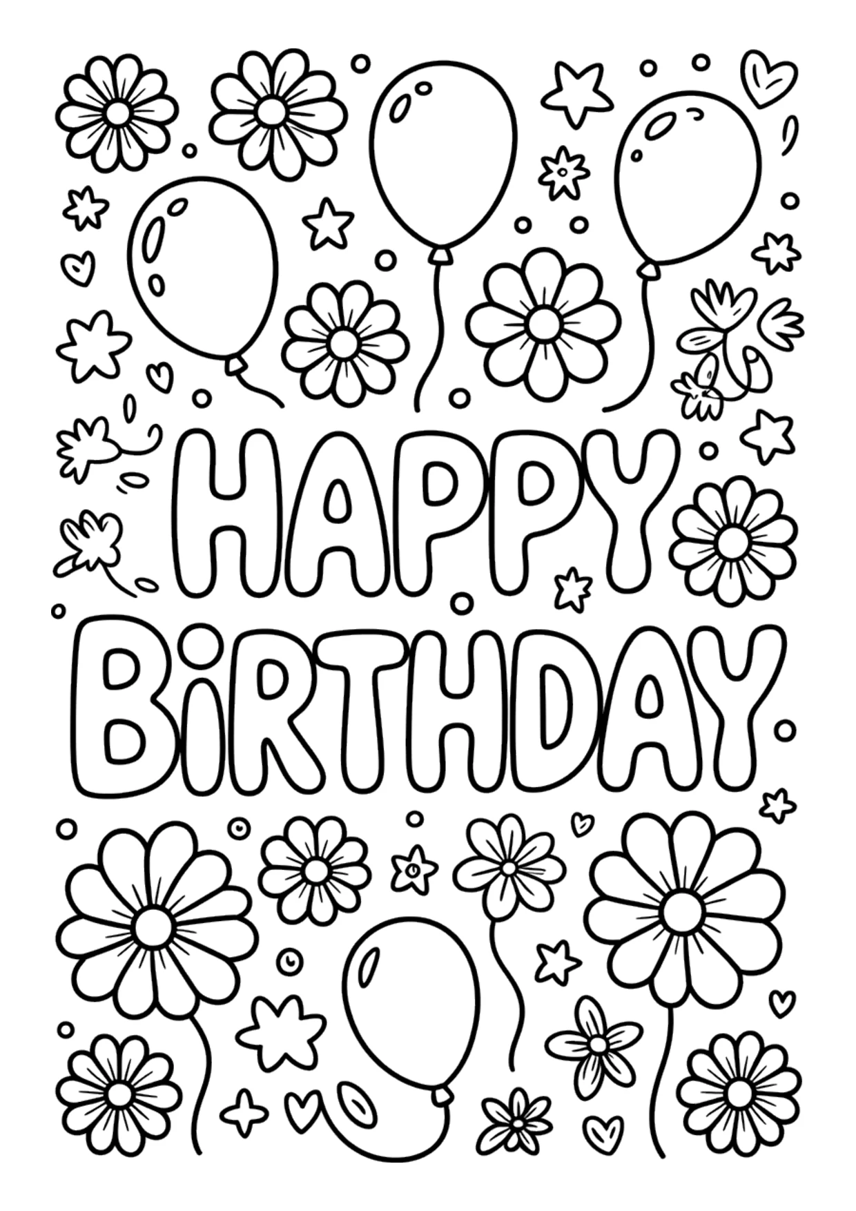 Detailed coloring page with Happy Birthday lettering and flowers
